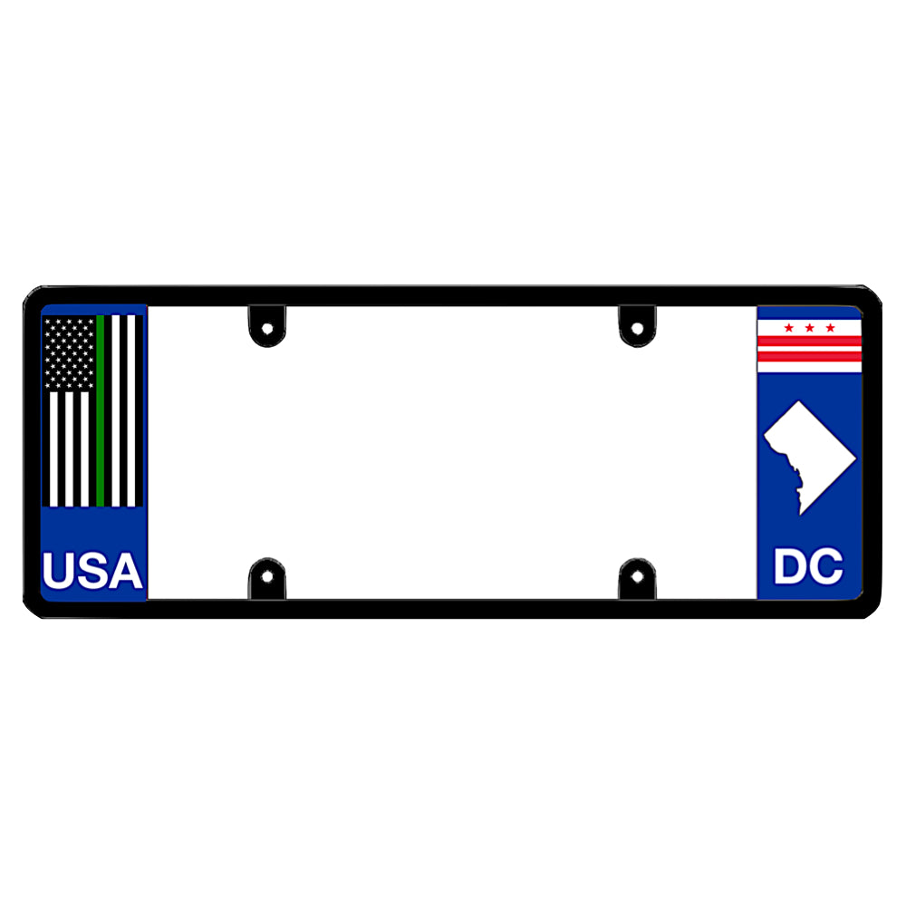 Washington DC license plate frame thin green line guard by DFS, the official license frame of America. Drive your identity using a military, secret service, and federal agent support vehicle bracket carrying a green line USA flag decal on a local DC theme background.