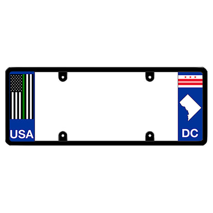 Washington DC license plate frame thin green line guard by DFS, the official license frame of America. Drive your identity using a military, secret service, and federal agent support vehicle bracket carrying a green line USA flag decal on a local DC theme background.