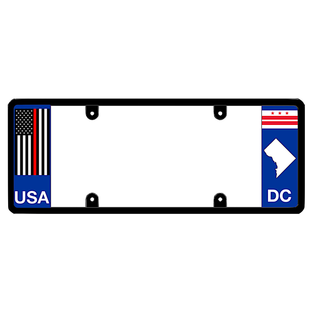 Washington DC license plate frame thin red line vehicle hardware by DFS, the official license frame of America. Drive your identity with a heavy-duty firefighter commemorative car frame boasting an emergency services line decal beside a DC district emblem cutout.