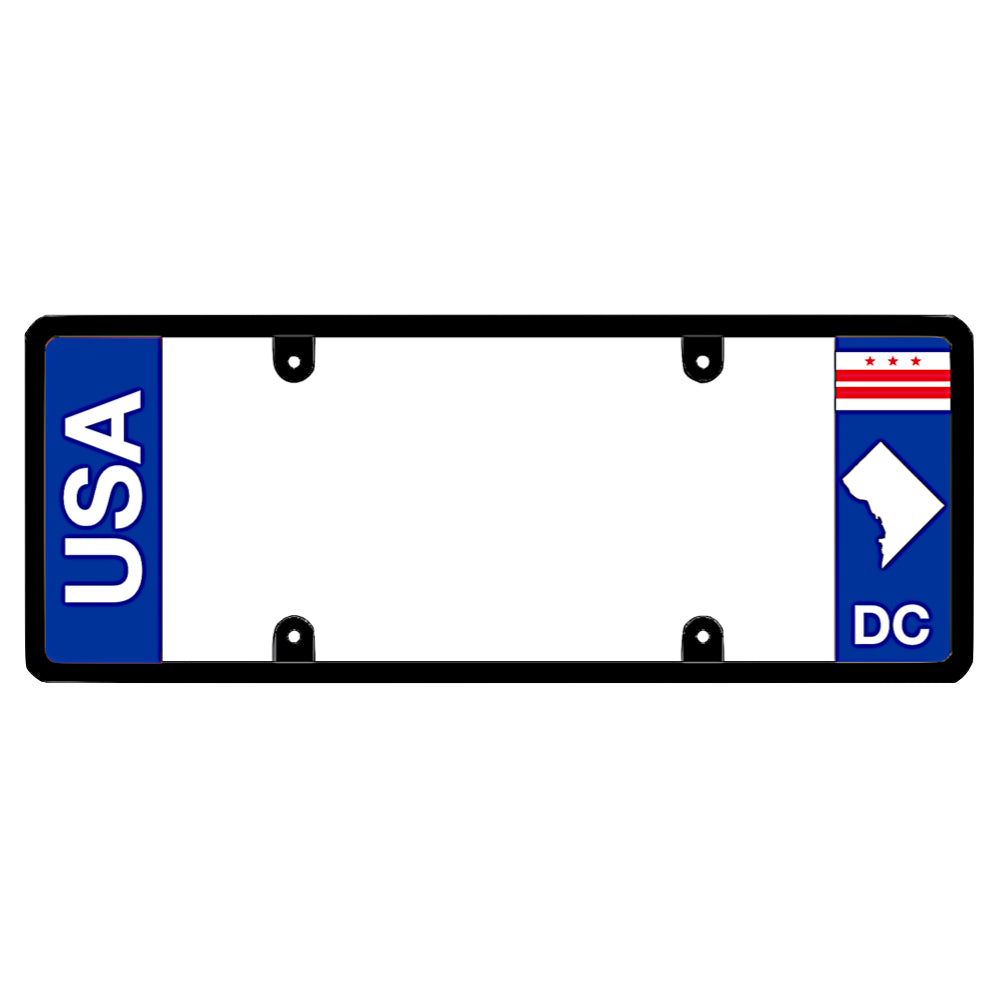 Washington DC license plate frame USA text mount by DFS, the official license frame of America. Drive your identity using a clean dual-identity automotive vanity trim finished with bold vertical USA lettering and a minimalist DC flag accent.