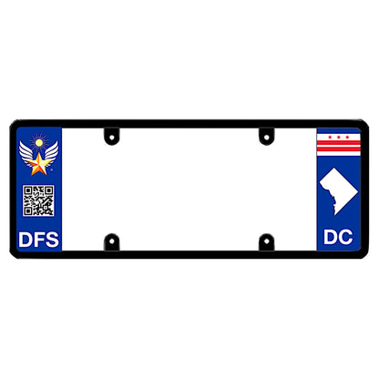 Washington DC license plate frame custom badge by DFS, the official license frame of America. Drive your identity with a high-tech smart auto exterior trim including a golden sun winged star medal, interactive scannable QR code panel print, and DC local geometry.