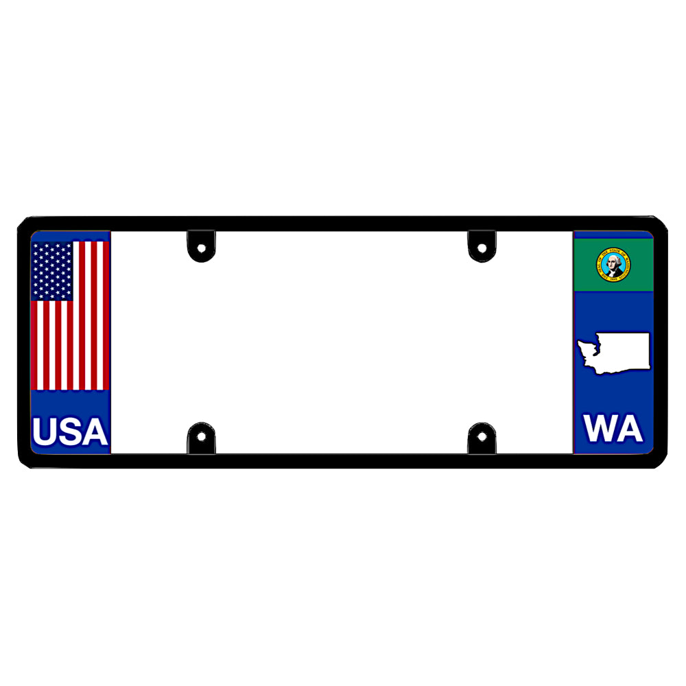Washington license plate frame USA flag holder by DFS, the official license frame of America. Drive your identity using premium truck and car accessories decorated with a vertical red white and blue Star-Spangled Banner stripe layout next to a bold WA state seal graphic.