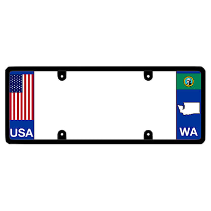 Washington license plate frame USA flag holder by DFS, the official license frame of America. Drive your identity using premium truck and car accessories decorated with a vertical red white and blue Star-Spangled Banner stripe layout next to a bold WA state seal graphic.