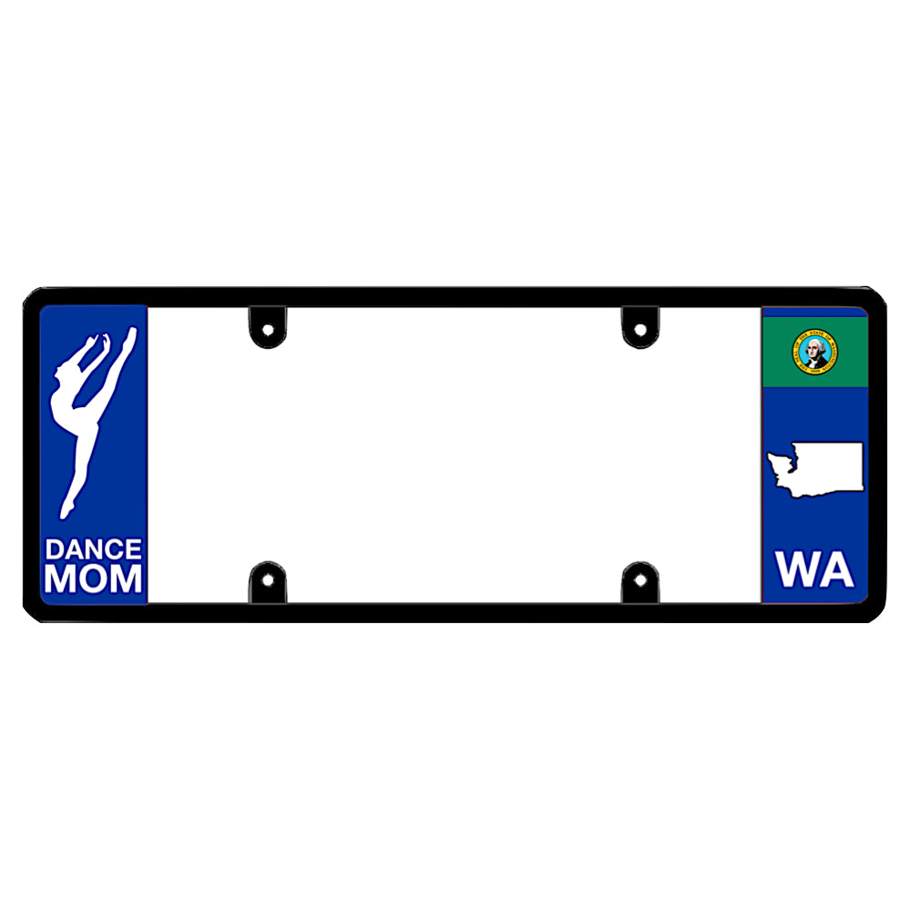 Washington license plate frame dance mom cover by DFS, the official license frame of America. Drive your identity with a custom vehicle tag bracket featuring an elegant white ballet dancer silhouette emblem and a deep evergreen WA state graphic background.