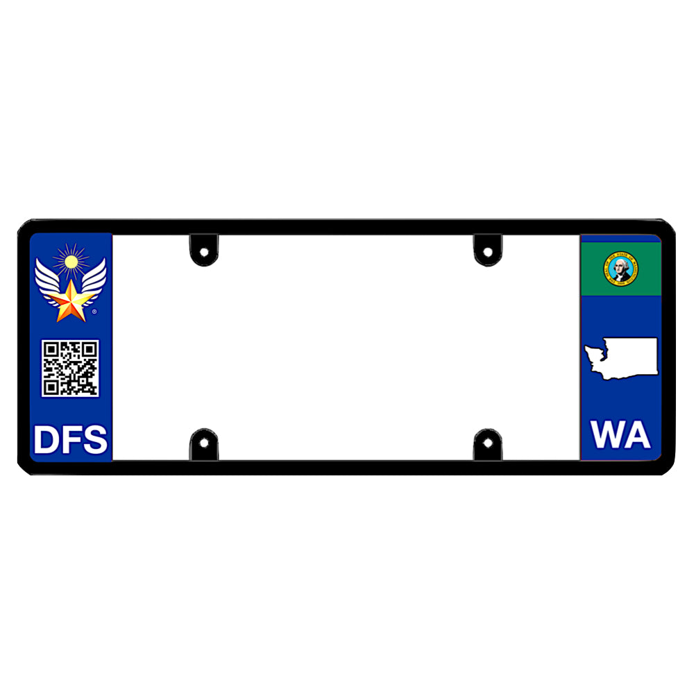 Washington license plate frame custom badge by DFS, the official license frame of America. Drive your identity with a high-tech smart car exterior accessory featuring a gold winged star emblem medallion, scannable QR code graphic, and local WA state logo styling.