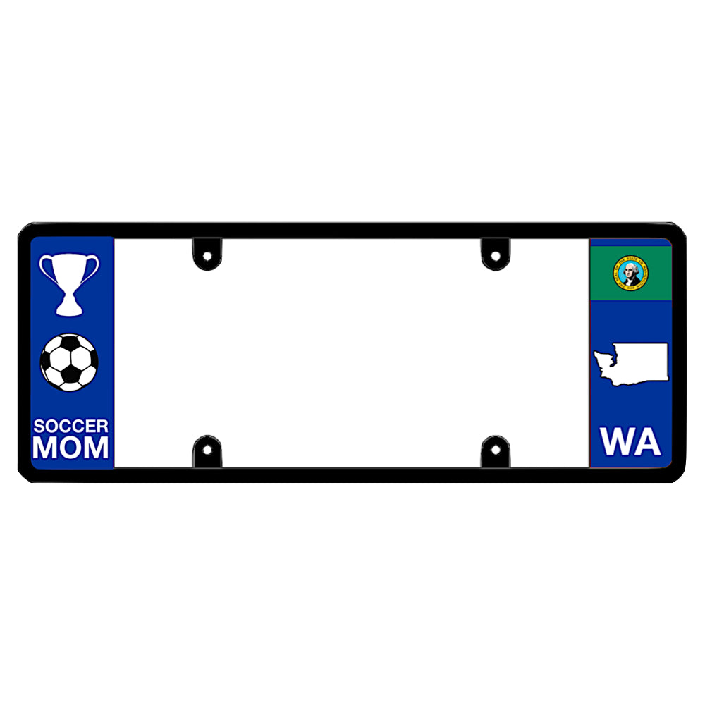 Washington license plate frame soccer mom wrap by DFS, the official license frame of America. Drive your identity with protective SUV and crossover trim carrying a crisp white championship trophy, soccer ball graphic, and an evergreen WA state map icon.