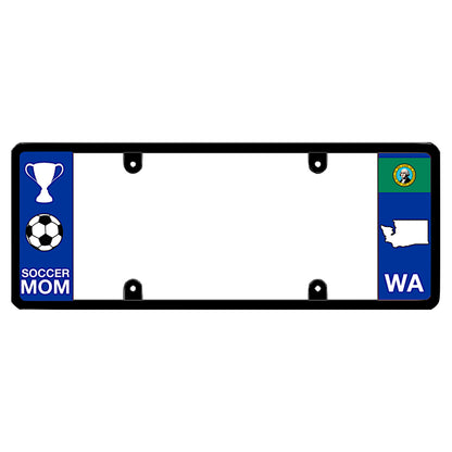 Washington license plate frame soccer mom wrap by DFS, the official license frame of America. Drive your identity with protective SUV and crossover trim carrying a crisp white championship trophy, soccer ball graphic, and an evergreen WA state map icon.