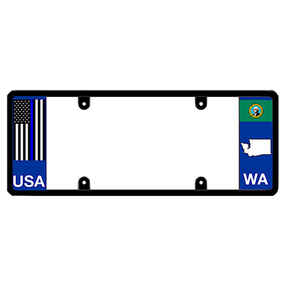 Washington license plate frame thin blue line auto rim by DFS, the official license frame of America. Drive your identity with police officer, state patrol, and sheriff support gear displaying a blacked-out pro-law enforcement flag stripe and local WA state graphic print.