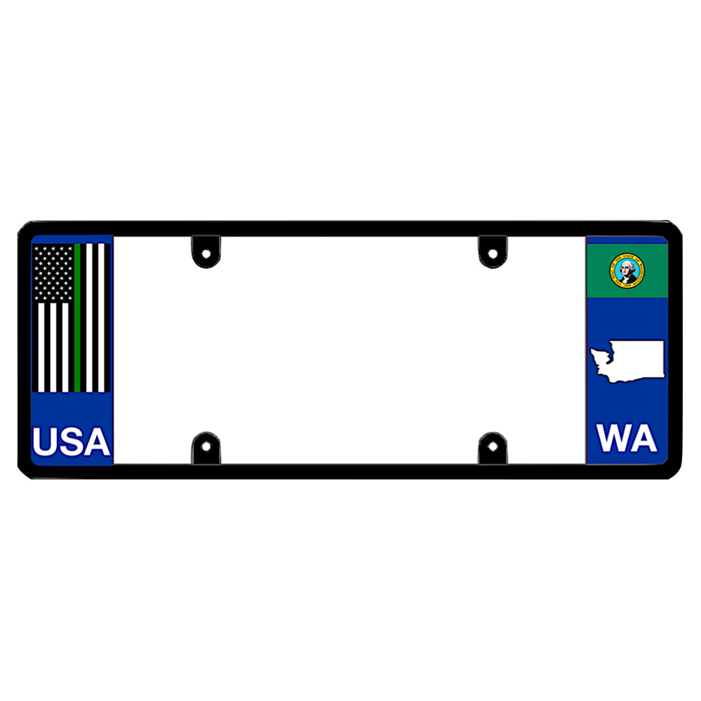 Washington license plate frame thin green line guard by DFS, the official license frame of America. Drive your identity using armed forces, park ranger, and federal agent support car merchandise featuring a tactical green line American flag decal and a signature evergreen WA map profile.