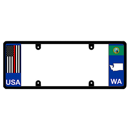 Washington license plate frame thin red line vehicle hardware by DFS, the official license frame of America. Drive your identity with a fire department and first responder tribute item boasting an emergency services red stripe decal beside a WA state flag map design.