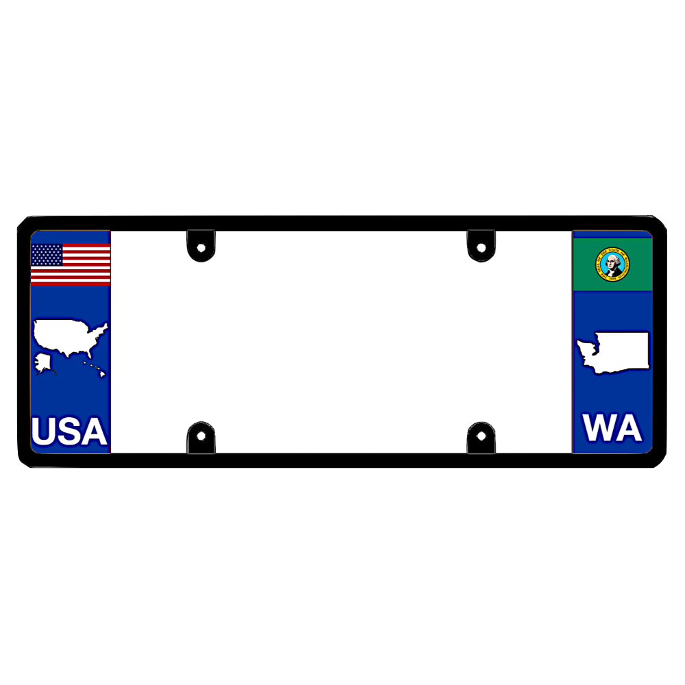 Washington license plate frame featuring a horizontal USA flag and United States map graphic by DFS, the official license frame of America. Drive your identity with a rust-resistant automotive border showcasing an evergreen green WA state map cutout silhouette on the side panel.