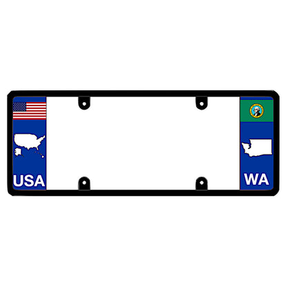 Washington license plate frame featuring a horizontal USA flag and United States map graphic by DFS, the official license frame of America. Drive your identity with a rust-resistant automotive border showcasing an evergreen green WA state map cutout silhouette on the side panel.