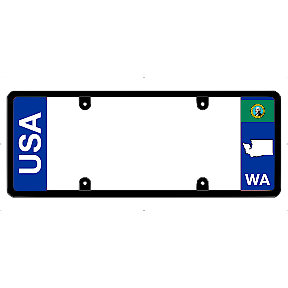 Washington license plate frame USA text mount by DFS, the official license frame of America. Drive your identity with an all-weather automotive guard displaying clean block USA lettering alongside a minimalist green and white WA state map flag pattern.