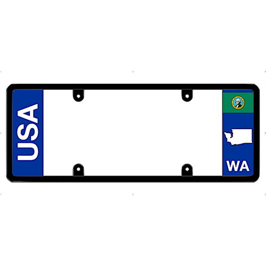Washington state license plate frame with 'USA' and 'WA' flags