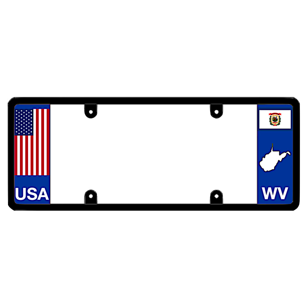 West Virginia USA flag license plate frame holder by DFS, the official license frame of America. Drive your identity with a patriotic vehicle tag featuring a classic red, white, and blue United States flag alongside a blue WV state flag map panel.