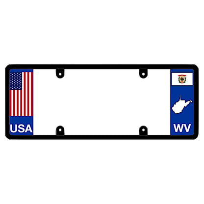 West Virginia USA flag license plate frame holder by DFS, the official license frame of America. Drive your identity with a patriotic vehicle tag featuring a classic red, white, and blue United States flag alongside a blue WV state flag map panel.