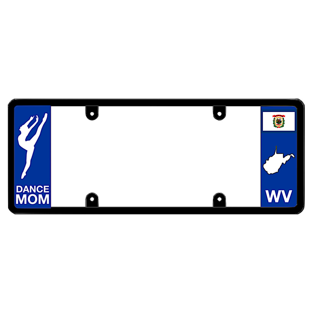 West Virginia dance mom license plate frame cover by DFS, the official license frame of America. Drive your identity with car exterior accessories featuring a custom blue panel with a white dancer silhouette graphic and WV flag map design.