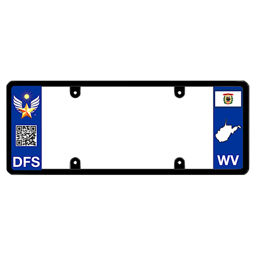 West Virginia custom license plate frame mount by DFS, the official license frame of America. Drive your identity with this vehicle trim featuring a gold winged star crest, scannable QR code design, and WV state flag map graphic.