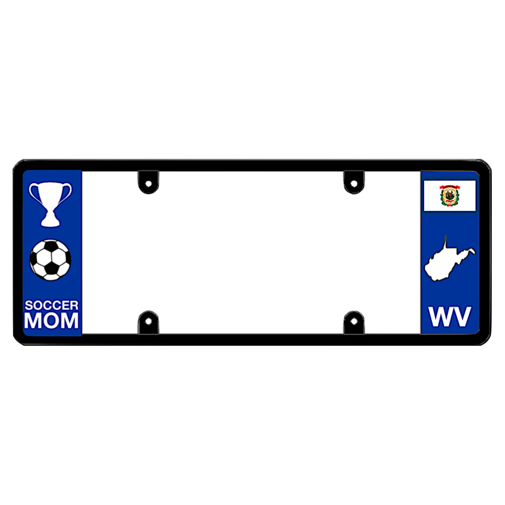 West Virginia soccer mom license plate frame holder by DFS, the official license frame of America. Drive your identity with a custom blue vehicle tag featuring a white championship trophy, soccer ball graphic, and WV state map design.