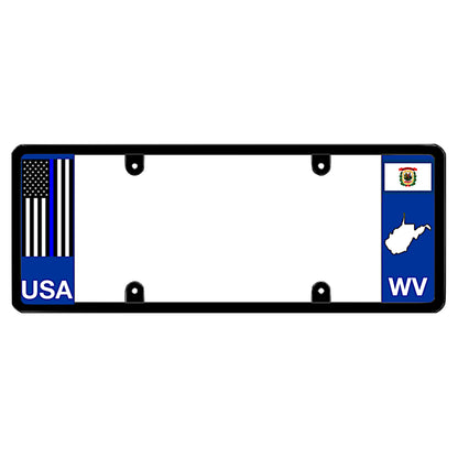 West Virginia thin blue line license plate frame cover by DFS, the official license frame of America. Drive your identity with police and law enforcement support auto accessories featuring a blue line American flag design and WV state graphic.