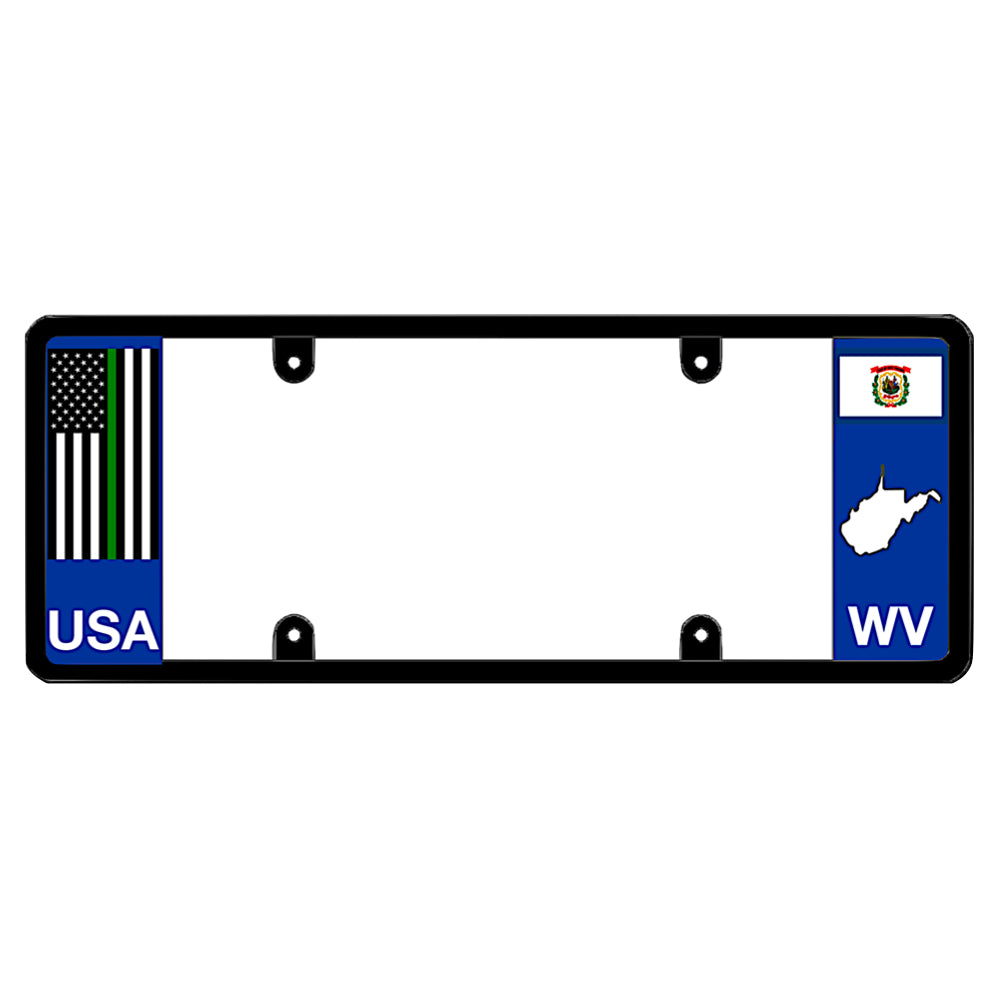West Virginia thin green line license plate frame mount by DFS, the official license frame of America. Drive your identity with military and federal agent support auto gear featuring a tactical green line flag decal and WV state styling.