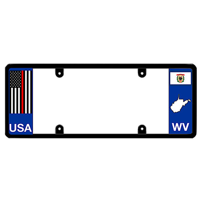 West Virginia thin red line American flag license plate frame cover by DFS, the official license frame of America. Drive your identity with firefighter support auto accessories featuring a patriotic USA flag decal and WV state map styling.