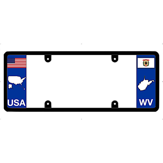 License plate frame with USA and West Virginia flags on a white background