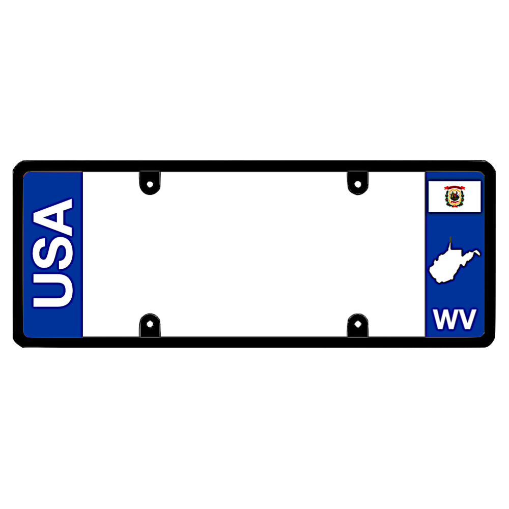 West Virginia USA text license plate frame holder by DFS, the official license frame of America. Drive your identity with this clean dual-identity automotive accessory featuring bold USA lettering alongside a blue WV state flag and map graphic.