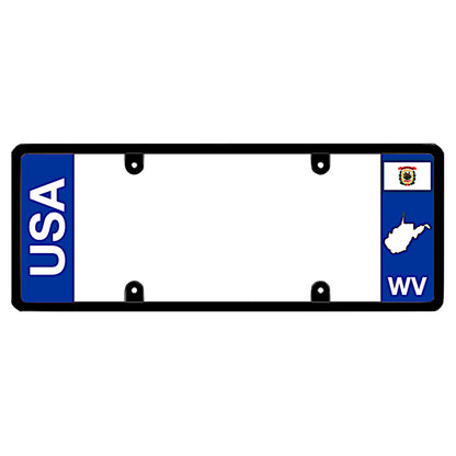 West Virginia USA text license plate frame holder by DFS, the official license frame of America. Drive your identity with this clean dual-identity automotive accessory featuring bold USA lettering alongside a blue WV state flag and map graphic.