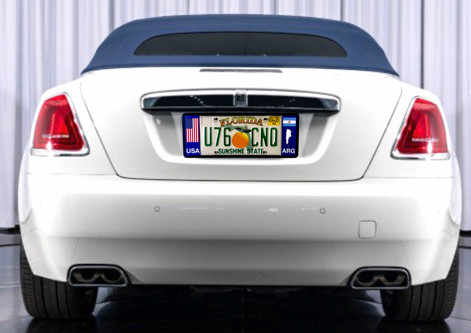 Back of white rolls royce with DFS official license frame of America choosing international countries or states options to drive your identity by DFSbrands.com very trending
