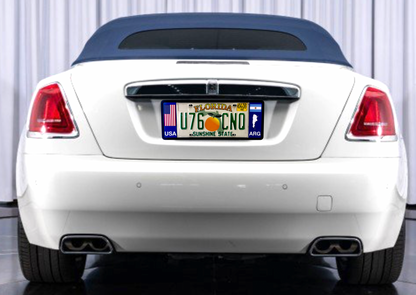 Back of white rolls royce with DFS official license frame of America choosing international countries or states options to drive your identity by DFSbrands.com very trending