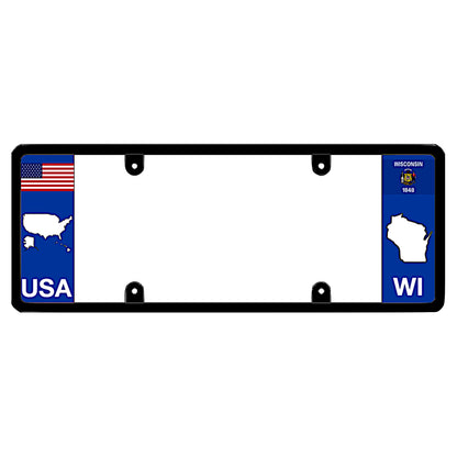 Wisconsin license plate frame USA flag holder by DFS, the official license frame of America. Drive your identity with a patriotic vehicle tag featuring a classic red, white, and blue United States flag and map alongside a blue WI state flag map panel.