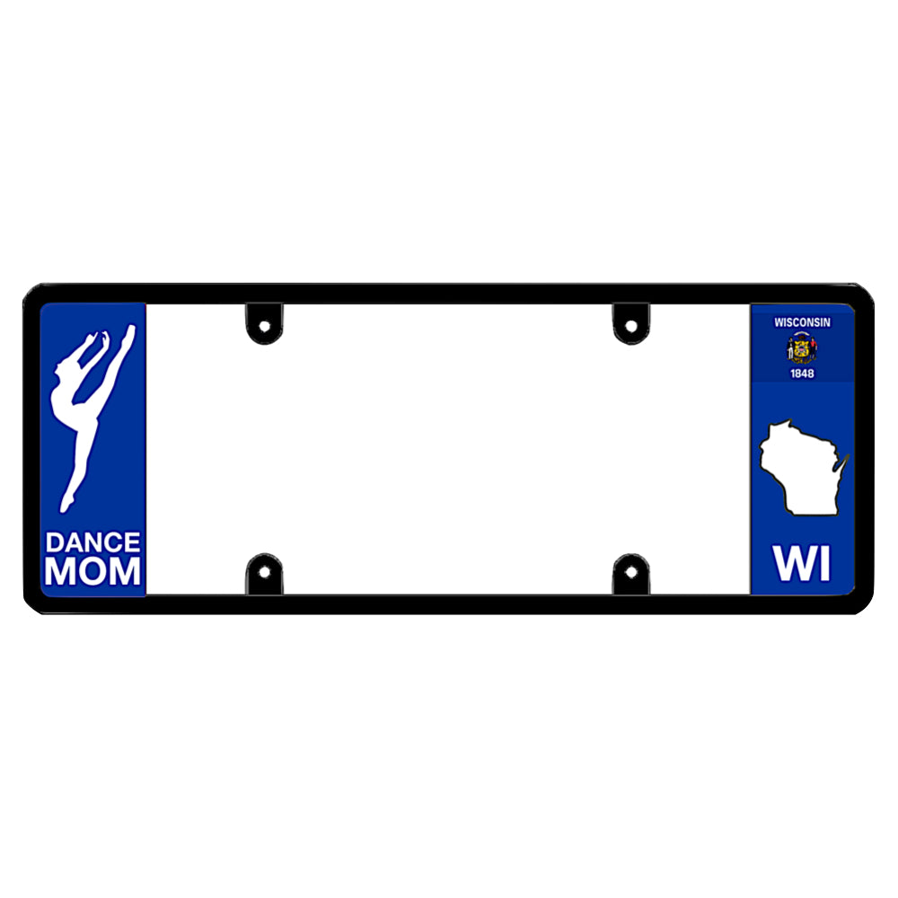 Wisconsin license plate frame dance mom cover by DFS, the official license frame of America. Drive your identity with car exterior accessories featuring a custom blue panel with a white dancer silhouette graphic and WI flag map design.