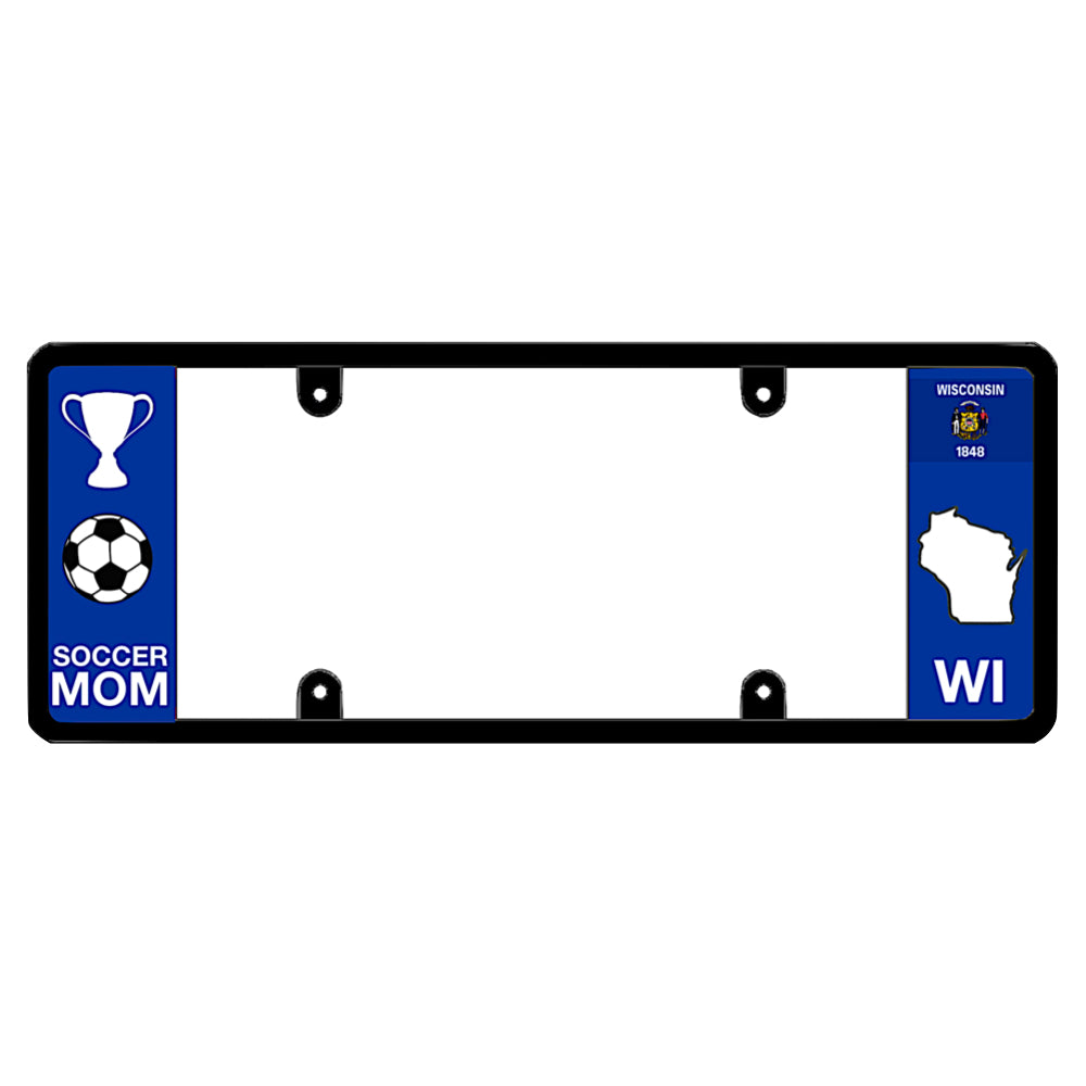 Wisconsin license plate frame soccer mom holder by DFS, the official license frame of America. Drive your identity with a custom blue vehicle tag featuring a white championship trophy, soccer ball graphic, and WI state map design.