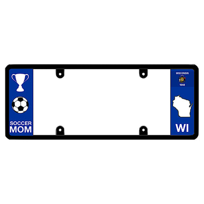 Wisconsin license plate frame soccer mom holder by DFS, the official license frame of America. Drive your identity with a custom blue vehicle tag featuring a white championship trophy, soccer ball graphic, and WI state map design.