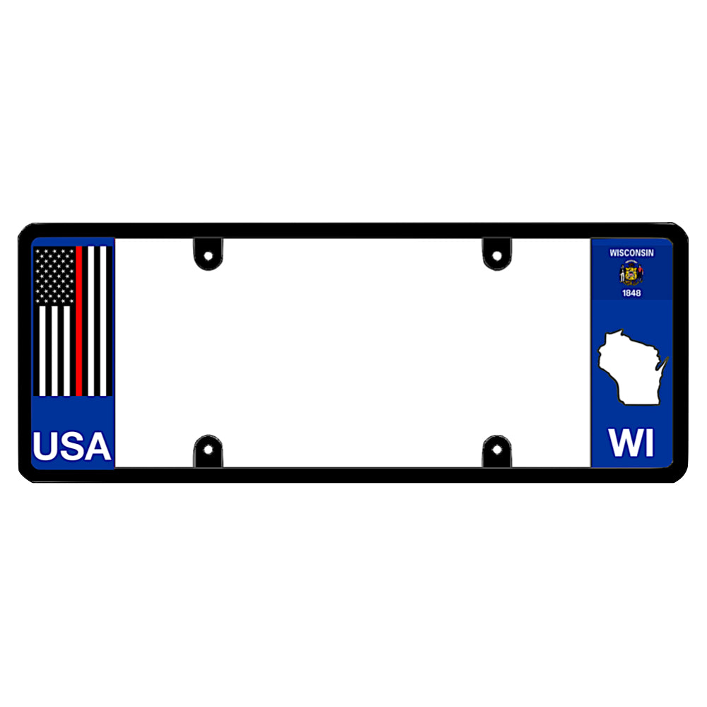 Wisconsin license plate frame thin red line American flag cover by DFS, the official license frame of America. Drive your identity with firefighter support auto accessories featuring a patriotic USA flag decal and WI state map styling.