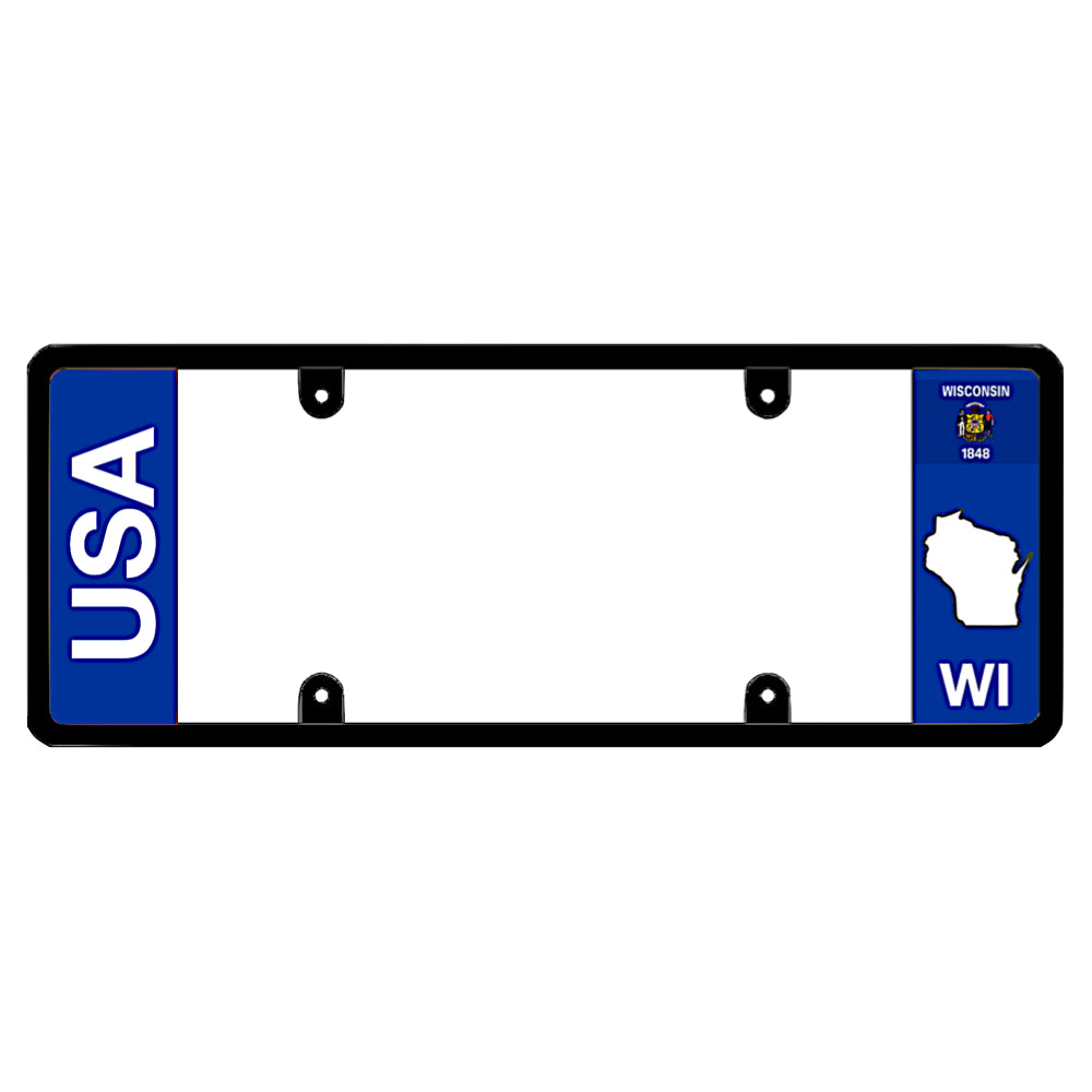 Wisconsin license plate frame USA text holder by DFS, the official license frame of America. Drive your identity with this clean dual-identity automotive accessory featuring bold USA lettering alongside a blue WI state flag and map graphic.