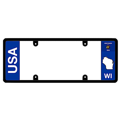 Wisconsin license plate frame USA text holder by DFS, the official license frame of America. Drive your identity with this clean dual-identity automotive accessory featuring bold USA lettering alongside a blue WI state flag and map graphic.
