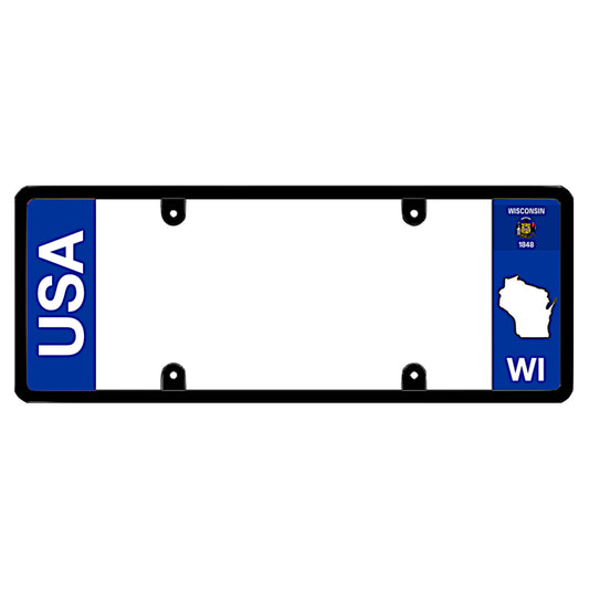 Wisconsin license plate frame USA text holder by DFS, the official license frame of America. Drive your identity with this clean dual-identity automotive accessory featuring bold USA lettering alongside a blue WI state flag and map graphic.