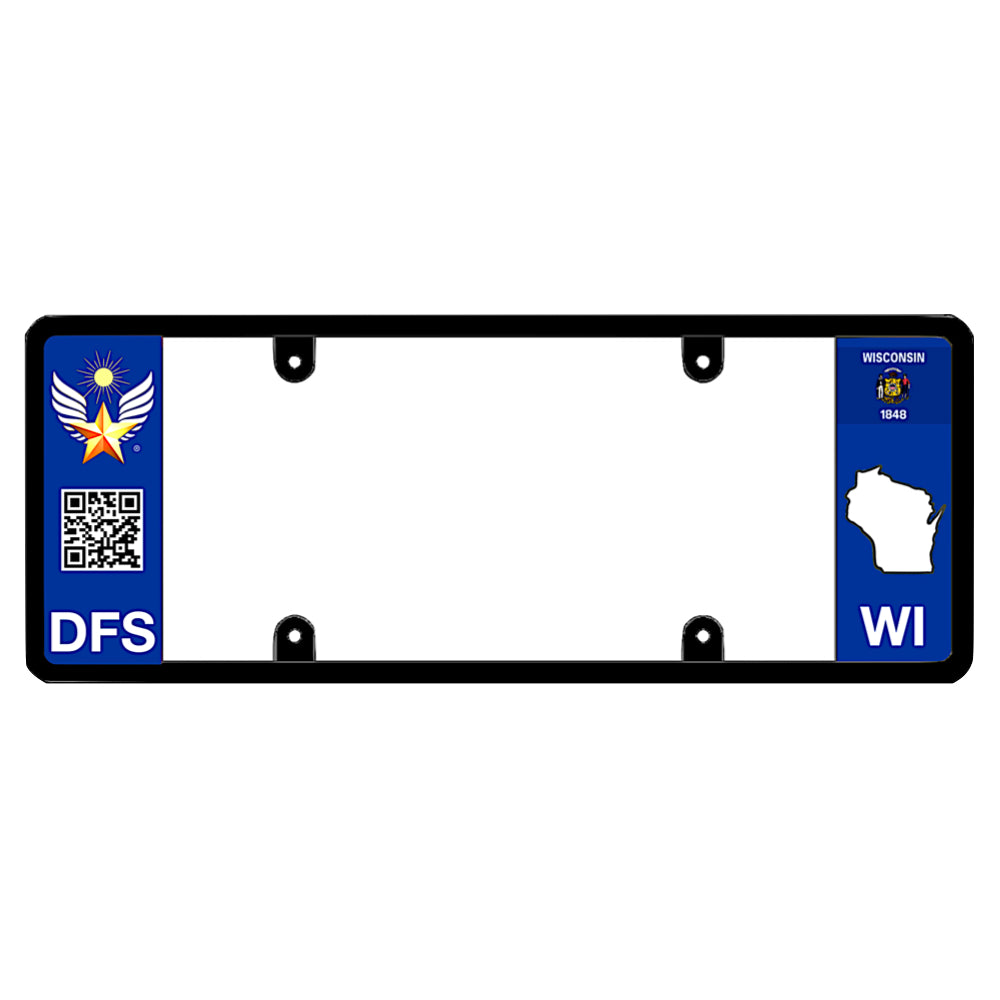 Wisconsin license plate frame custom mount by DFS, the official license frame of America. Drive your identity with this vehicle trim featuring DFS crest, scannable QR code design, and WI state flag map graphic.
