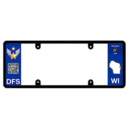 Wisconsin license plate frame custom mount by DFS, the official license frame of America. Drive your identity with this vehicle trim featuring DFS crest, scannable QR code design, and WI state flag map graphic.