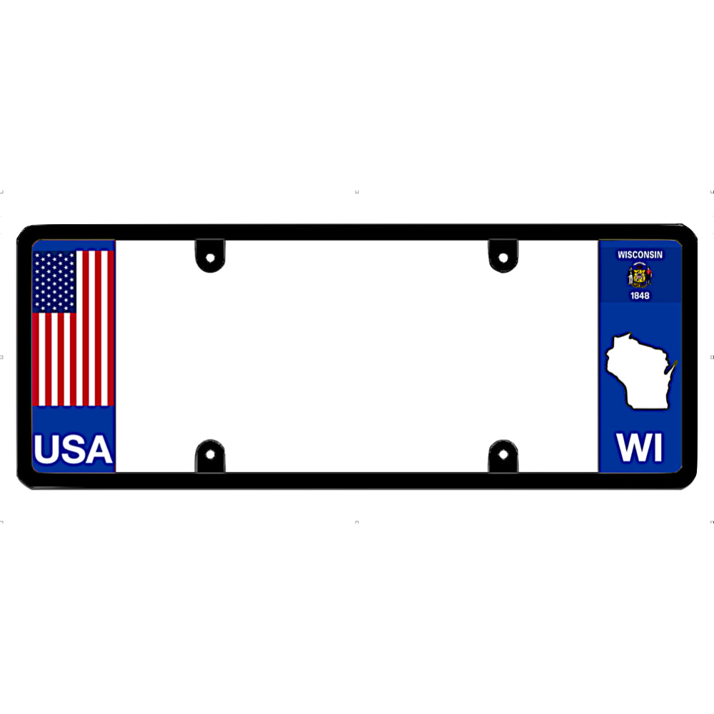 License plate frame with USA and Wisconsin designs on a white background