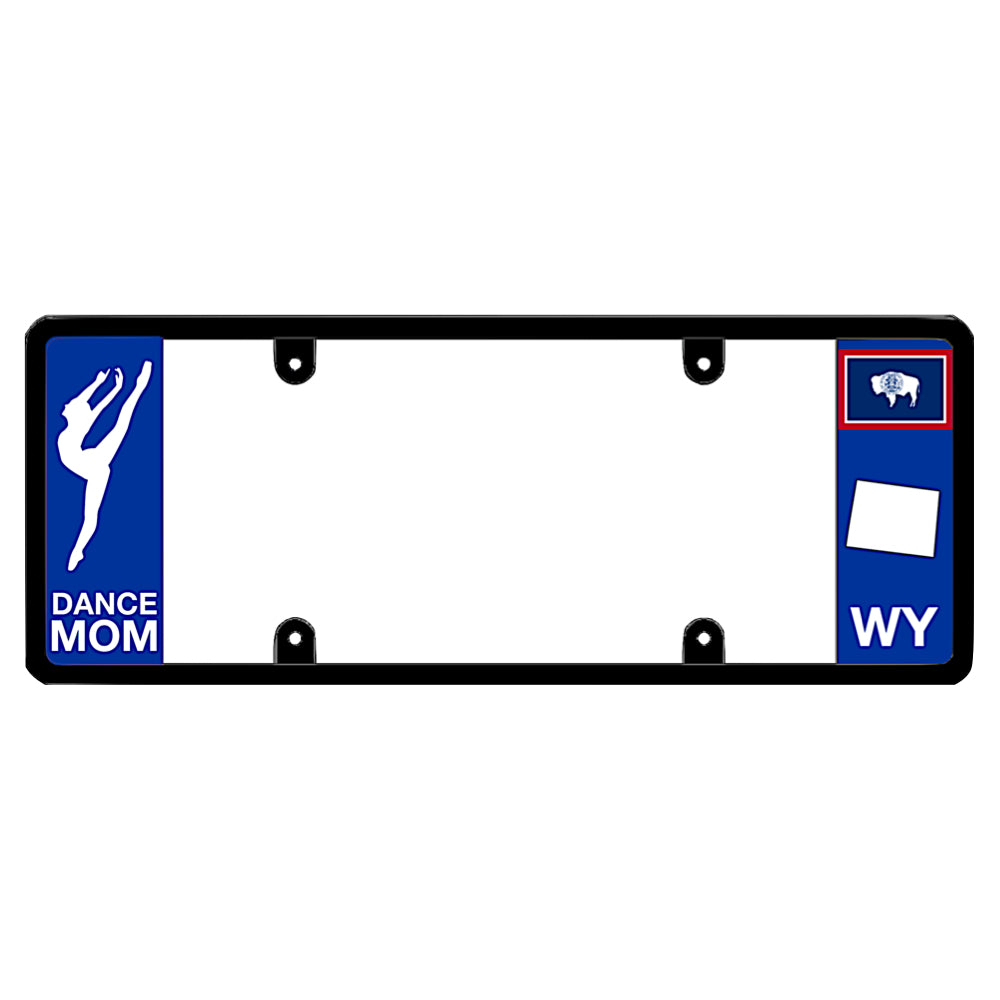 A dance mom themed black elongated Wyoming license plate frame showing a dancer silhouette and a blue WY panel by DFS Brands.