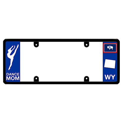 A dance mom themed black elongated Wyoming license plate frame showing a dancer silhouette and a blue WY panel by DFS Brands.