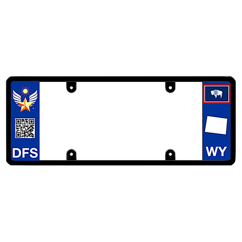 Official DFS Brands patented Wyoming license plate frame with a scan QR code and a blue WY logo side wing.