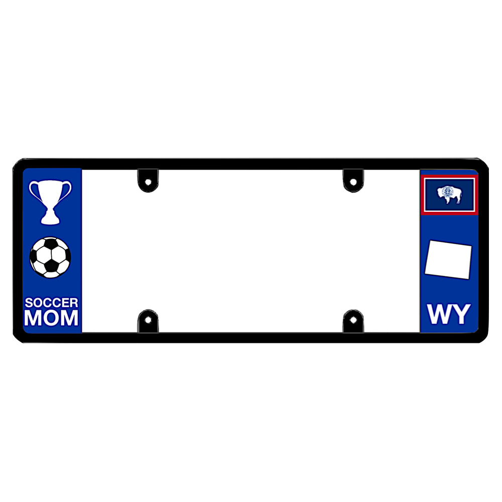 A black elongated Wyoming license plate frame featuring a soccer mom theme and a blue WY side panel by DFS Brands.