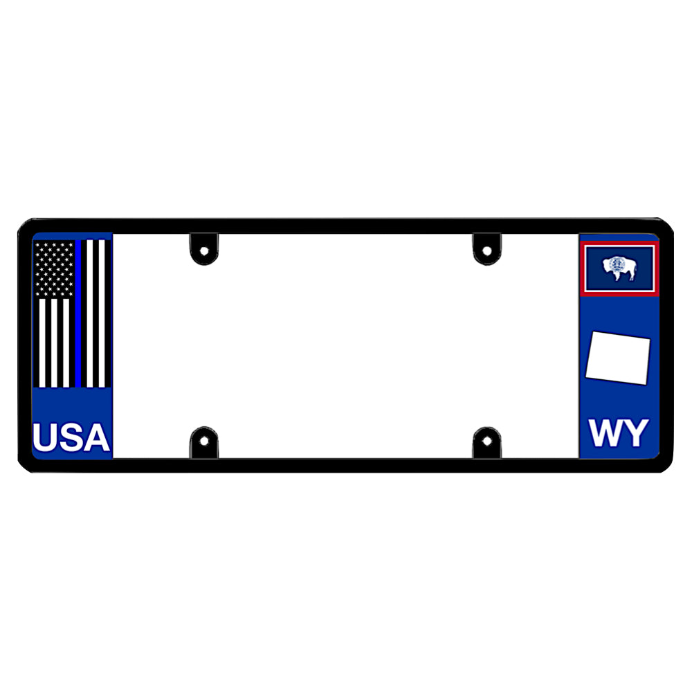 A black elongated Wyoming license plate frame with a thin blue line flag and printed WY text by DFS Brands.
