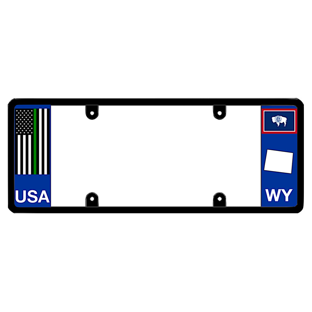 A black elongated Wyoming license plate holder with a tactical thin green line flag and printed WY graphics by DFS Brands.