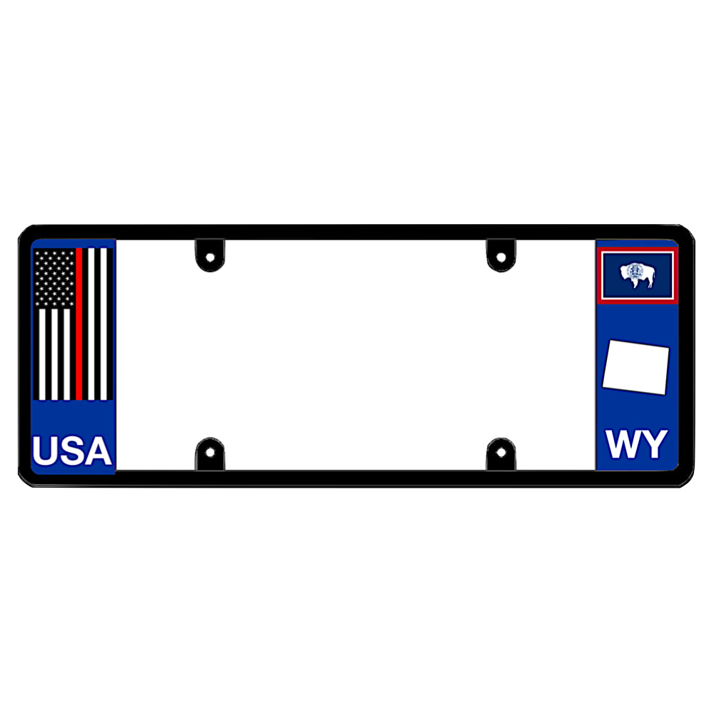 A black elongated Wyoming license plate frame featuring a thin red line firefighter flag and blue WY text panel by DFS Brands.