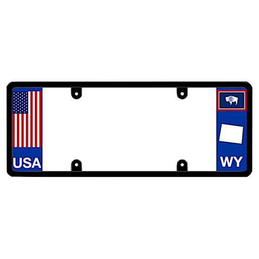 A black elongated Wyoming license plate frame with a USA flag design and a white WY state map outline by DFS Brands.
